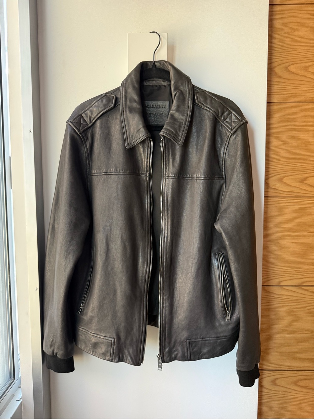 AllSaints Men's deep brown/black/coffee colored Leather Bomber Jacket